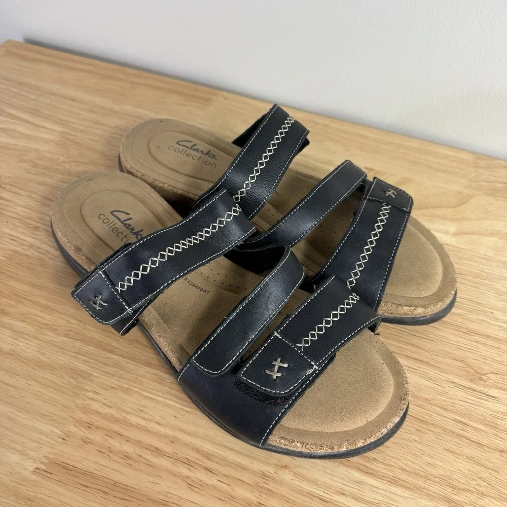 Clarks Women's Roseville Bay Leather Slip On Slide‎ Sandals Black Size 10
